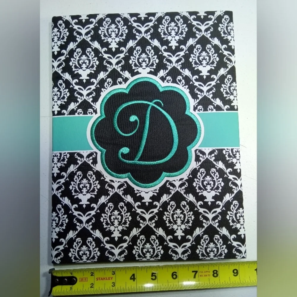 Monogrammed D Black White Aqua Damask Notebook File Legal Tablet Journal Folder